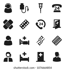 Flat vector icon set - phone 24 vector, support, crutches, patch, pills blister, hospital bed, drop counter, medical room