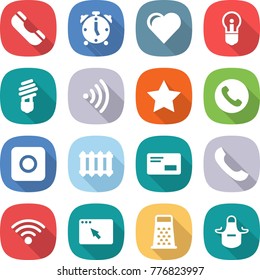 flat vector icon set - phone vector, alarm clock, heart, bulb, wireless, star, ring button, radiator, envelope, browser window, grater, apron