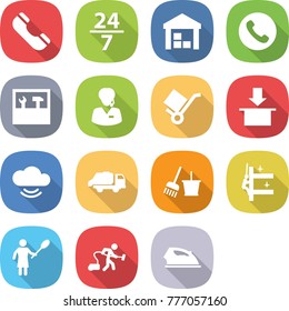 flat vector icon set - phone vector, 24 7, warehouse, tools, support manager, trolley, package, cloud service, trash truck, bucket and broom, skyscrapers cleaning, woman with duster, vacuum cleaner