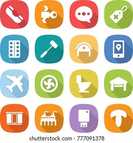 flat vector icon set - phone vector, satellite, balloon, medical label, pills blister, doctors hammer, barn, mobile location, airplane, cooler fan, toilet, garage, wardrobe, factory, usb flash