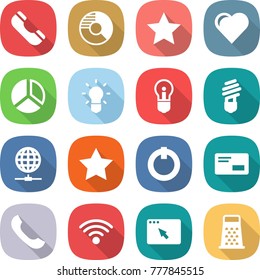 flat vector icon set - phone vector, circle diagram, star, heart, bulb, globe connect, on off button, envelope, wireless, browser window, grater