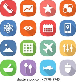 flat vector icon set - phone vector, statistics, star, atom core, eye, calendar, mobile location, landscape, cpu, plane, setup, mortar, trees, fish, acorn