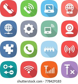 flat vector icon set - phone vector, call, notebook, globe, connect, gear, wireless, web cam, puzzle, bridge, charge particle, antenna signal, no