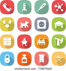 flat vector icon set - phone vector, dna modify, medical thermometer, virus, kidneys, dog, power socket, garage, chest of drawers, bbq, factory, oil pump, lock, pills bottle, hive, iron board