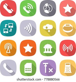 flat vector icon set - phone vector, call, circle diagram, star, notebook connect, wireless, cloud service, smart bracelet, antenna, government house, sim card, no signal, grater