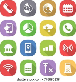 flat vector icon set - phone vector, circle diagram, calendar, touch, cloud service, goverment house, mobile location, sorting, wireless, sim card, no signal, grater