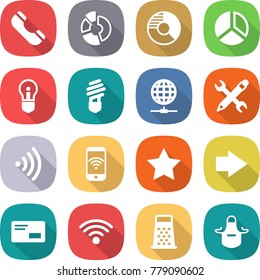 flat vector icon set - phone vector, circle diagram, bulb, globe connect, pencil wrench, wireless, star, right arrow, envelope, grater, apron