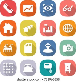 flat vector icon set - phone vector, statistics, eye identity, pacemaker, home, houses, city, globe, factory, sd card, vr helmet, camera, circuit, kettle, mixer, hive