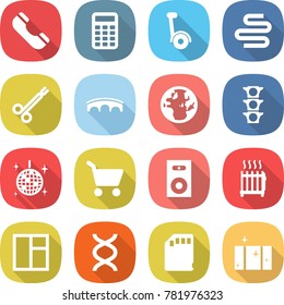 flat vector icon set - phone vector, calculator, gyroscooter, intestines, surgical clamp, bridge, globe, traffic light, disco ball, cart, speaker, radiator, window, dna, sd card, clean