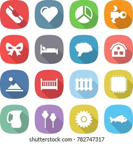 flat vector icon set - phone vector, heart, diagram, satellite, bow, hospital bed, brain, house, landscape, crib, radiator, cpu, jug, trees, flower, fish