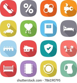 flat vector icon set - phone vector, percent, atom core, satellite, car pointer, cardio chip, copybook, hospital bed, bridge, house with garage, protected, palm hammock, crib, orbit, jug