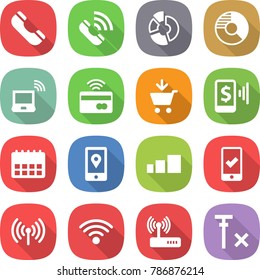 flat vector icon set - phone vector, call, circle diagram, notebook wireless, tap to pay, add cart, mobile, calendar, location, sorting, checking, router, no signal