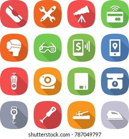 flat vector icon set - phone vector, pencil wrench, telescope, tap to pay, virtual mask, smart glasses, mobile, location, remote control, web camera, kitchen scales, handle, blender, soil cutter