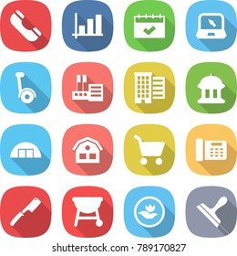 flat vector icon set - phone vector, graph, calendar, notebook, gyroscooter, store, houses, goverment house, hangare, cart, office, chef knife, bbq, ecology, scraper