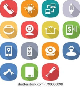 flat vector icon set - phone vector, chip, notebook connect, smart watch, bracelet, web cam, electrostatic, mobile pay, location, remote control, camera, vr helmet, robot hand, kitchen scales