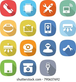 flat vector icon set - phone vector, chip, pencil wrench, notebook wireless, smart bracelet, electrostatic, mobile location, air conditioning, web camera, vr helmet, robot hand, kitchen scales