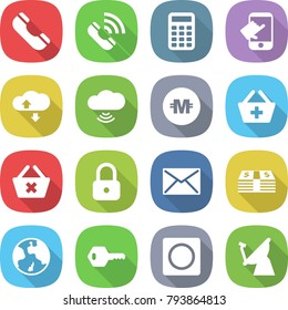 flat vector icon set - phone vector, call, calculator, touch, cloud service, wireless, crypto currency, add to basket, delete cart, lock, mail, money, earth, key, ring button, satellite antenna