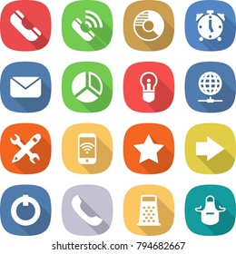 flat vector icon set - phone vector, call, circle diagram, alarm clock, mail, bulb, globe connect, pencil wrench, wireless, star, right arrow, on off button, grater, apron