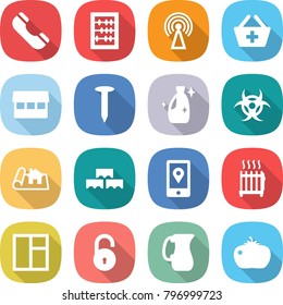 flat vector icon set - phone vector, abacus, antenna, add to basket, market, nail, cleanser, biohazard, project, block wall, mobile location, radiator, window, unlock, jug, tomato