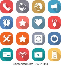 flat vector icon set - phone vector, circle diagram, flag, alarm clock, star, heart, bulb, pencil wrench, ring button, on off, envelope, wireless, browser window, grater