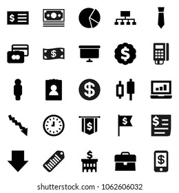 Flat vector icon set - pie graph vector, japanese candle, laptop, credit card, crisis, case, bank building, receipt, clock, man, arrow down, presentation board, dollar medal, flag, tie, hierarchy