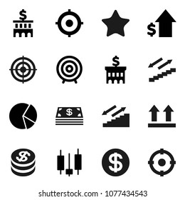 Flat vector icon set - pie graph vector, japanese candle, dollar growth, bank building, target, stairways run, top sign, favorites, coin, cash