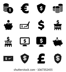 Flat vector icon set - piggy bank vector, coin stack, check, building, dollar shield, monitor, euro sign, pound