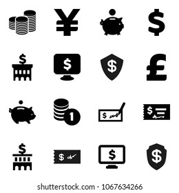 Flat vector icon set - piggy bank vector, coin stack, check, building, monitor dollar, pound, yen sign, shield