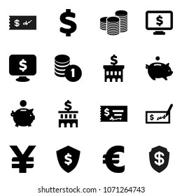 Flat vector icon set - piggy bank vector, coin stack, check, building, dollar shield, monitor, euro sign, yen