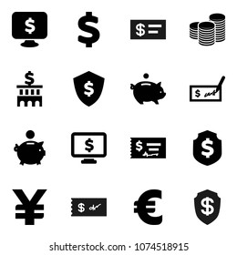 Flat vector icon set - piggy bank vector, coin stack, check, building, dollar shield, monitor, euro sign, yen