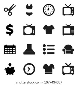 Flat vector icon set - piggy bank vector, clock, calendar, dollar sign, swimsuite, t shirt, tv, scissors, cushioned furniture, menu, hood