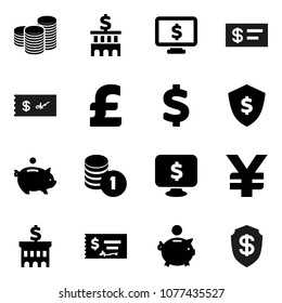 Flat vector icon set - piggy bank vector, coin stack, check, building, dollar shield, monitor, pound, yen sign