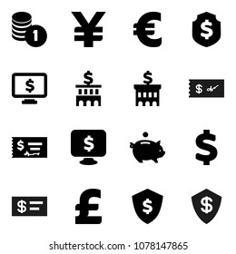 Flat vector icon set - piggy bank vector, coin stack, check, building, dollar shield, monitor, euro sign, pound, yen