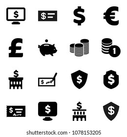 Flat vector icon set - piggy bank vector, coin stack, check, building, dollar shield, monitor, euro sign, pound