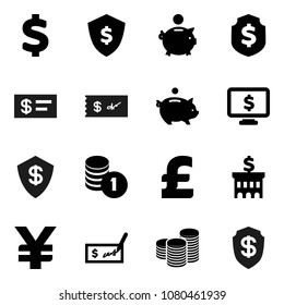 Flat vector icon set - piggy bank vector, coin stack, check, building, dollar shield, monitor, pound, yen sign