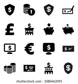 Flat vector icon set - piggy bank vector, coin stack, check, building, dollar shield, monitor, euro sign, pound