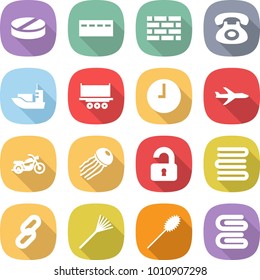 flat vector icon set - pill vector, bunker, brick wall, phone, sea shipping, truck, clock, plane, motorcycle, jellyfish, unlocked, towels, link, rake, duster, towel