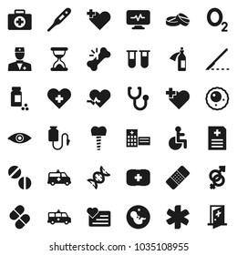 Flat vector icon set - pills vial vector, heart monitor, cross, first aid kit, oxygen, ambulance star, disabled, pulse, doctor, thermometer, eye, gender sign, dna, pregnancy, scalpel, broken bone