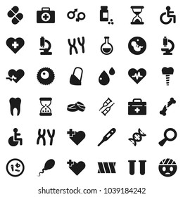 Flat vector icon set - pills vial vector, heart cross, first aid kit, doctor bag, disabled, pulse, thermometer, flask, gender sign, dna, magnifier, pregnancy, crutches, broken bone, sand clock, head
