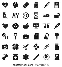 Flat vector icon set - pills vial vector, first aid kit, doctor bag, ambulance star, heart cross, thermometer, syringe, crutches, scissors, scalpel, broken bone, sand clock, patch, bottle, mortar