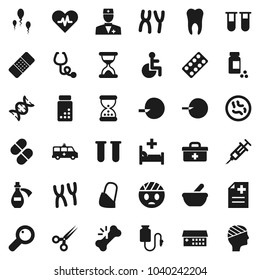 Flat vector icon set - pills vial vector, doctor bag, disabled, heart pulse, dna, magnifier, insemination, syringe, scissors, broken bone, sand clock, patch, stethoscope, blister, mortar, microbs