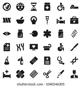 Flat vector icon set - pills vial vector, heart monitor, doctor bag, ambulance star, disabled, flask, eye, dna, pregnancy, insemination, dropper, crutches, scissors, scalpel, sand clock, patch, hat
