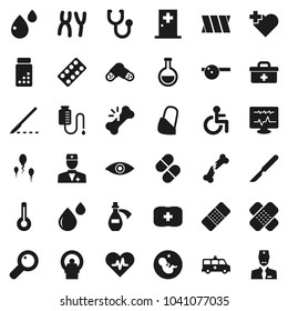 Flat vector icon set - pills vial vector, heart cross, first aid kit, doctor bag, disabled, pulse, thermometer, flask, eye, magnifier, pregnancy, scalpel, broken bone, patch, stethoscope, blister