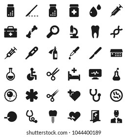 Flat vector icon set - pills vial vector, heart cross, doctor bag, ambulance star, disabled, pulse, thermometer, flask, dna, magnifier, insemination, syringe, dropper, scissors, scalpel, broken bone
