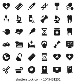 Flat vector icon set - pills vial vector, heart monitor, cross, pulse, thermometer, dna, pregnancy, insemination, scissors, broken bone, sand clock, patch, bottle, blister, microscope, hospital bed