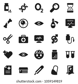 Flat vector icon set - pills vial vector, first aid kit, oxygen, heart cross, thermometer, eye, gender sign, dna, magnifier, scissors, broken bone, sand clock, anamnesis, hospital building, potion