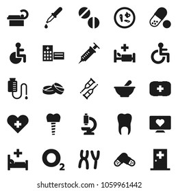 Flat vector icon set - pills vector, heart monitor, first aid kit, oxygen, disabled, cross, syringe, dropper, crutches, mortar, microscope, microbs, chromosomes, hospital bed, building, tomography