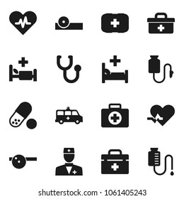 Flat vector icon set - pills vector, first aid kit, doctor bag, heart pulse, stethoscope, eye hat, hospital bed, amkbulance car, drop counter