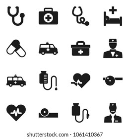 Flat vector icon set - pills vector, first aid kit, doctor bag, heart pulse, stethoscope, eye hat, hospital bed, amkbulance car, drop counter