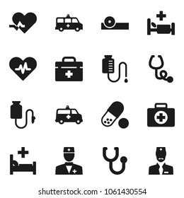 Flat vector icon set - pills vector, first aid kit, doctor bag, heart pulse, stethoscope, eye hat, hospital bed, amkbulance car, drop counter